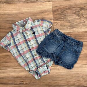 Wrangler Multicolor Plaid Baby Onesie and Denim Pull-on Shorts